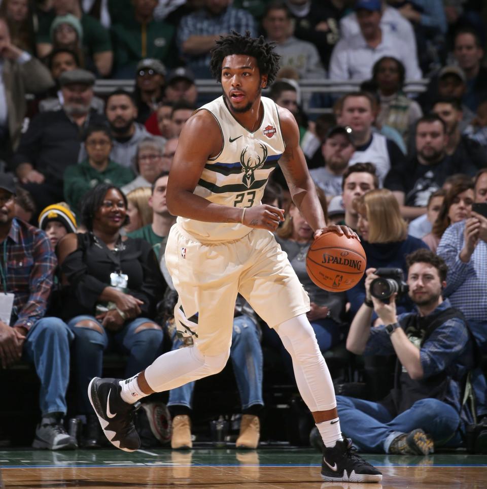 Brown, a guard for the Milwaukee Bucks, is seen playing against the New Orleans Pelicans in February. On Tuesday he filed a lawsuit against Milwaukee's police department and city. (Photo: Gary Dineen via Getty Images)