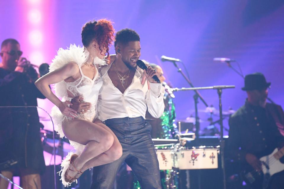 Usher and FKA twigs perform a Prince tribute during the Grammy Awards Sunday.