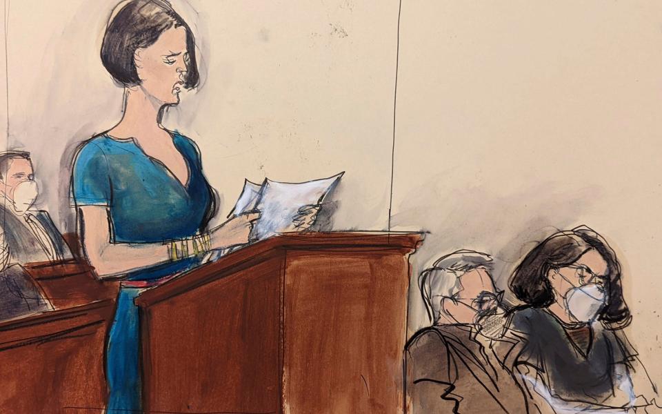 In this courtroom sketch, Sarah Ransome makes her statement during Ghislaine Maxwell's sentencing in federal court - AP