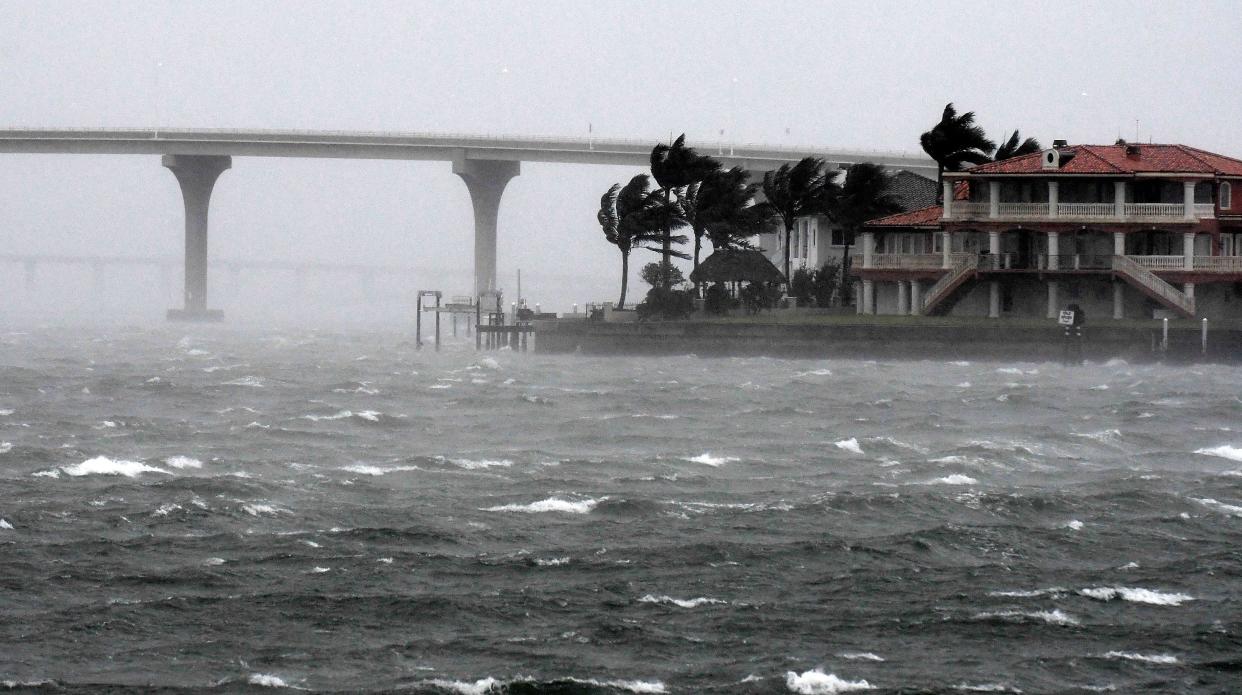 General view of St. Pete Beach bay as strong winds from Hurricane Ian arrive on September 28, 2022 in St. Petersburg, Florida. Ian is hitting the area as a Category 4 hurricane.