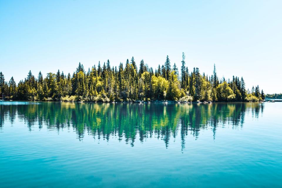 Trees reflect in the water at Isle Royale National Park in Michigan