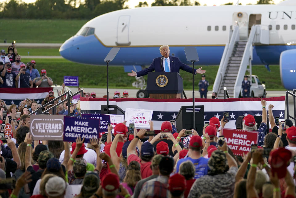 President Donald Trump addresses the crowd at a campaign event at the Arnold Palmer Regional Airport, Thursday, Sept. 3, 2020, in Latrobe, Pa. (AP Photo/Keith Srakocic)