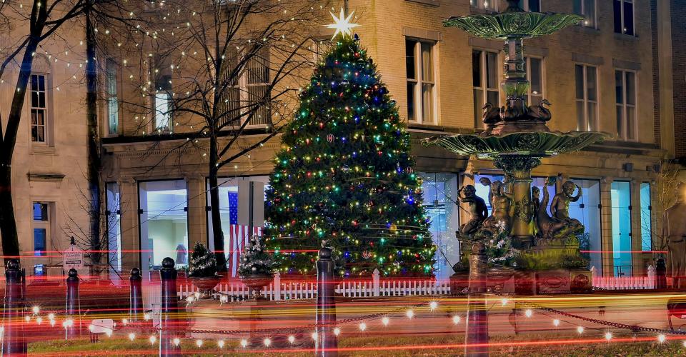 The Chambersburg Christmas tree lights up Memorial Square as seen on November 26, 2018.