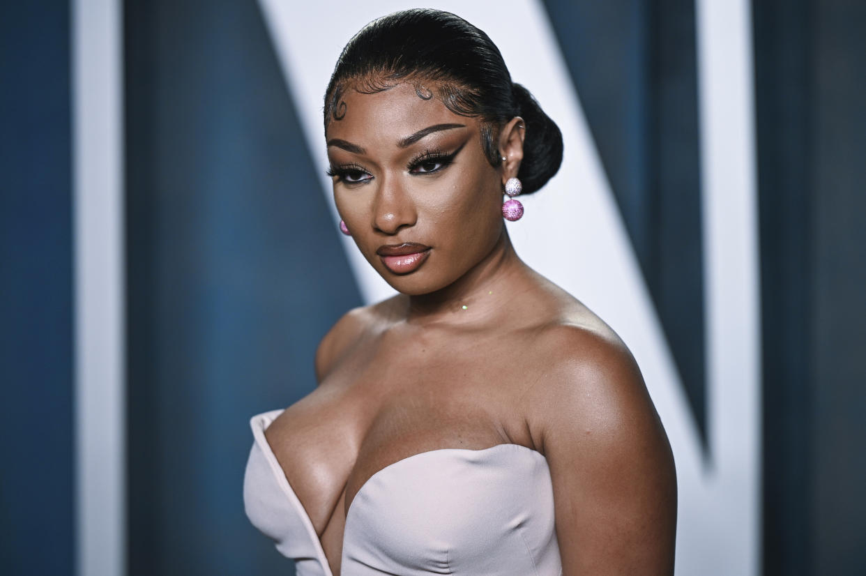 Megan Thee Stallion at the Vanity Fair Oscar Party in Beverly Hills, Calif., on March 27. (Sipa USA / Sipa USA via AP)