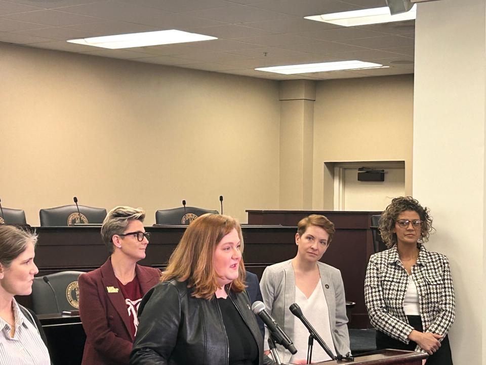 Rep. Lindsey Burke, D-Lexington, shares the story of her difficult pregnancy and selective termination during a Jan. 31, 2024, press conference in Frankfort.