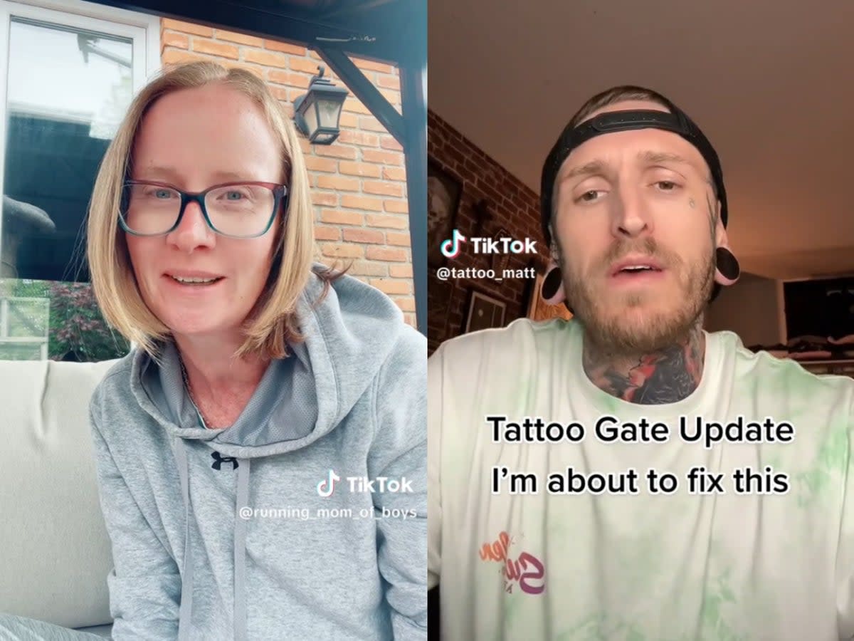 Tattoo artist Matt Vaught (left) has vowed to ‘fix’ a situation for Courtney Monteith, who paid thousands of dollars for tattoo consultations (TikTok/Courtney Monteith/Matt Vaught)