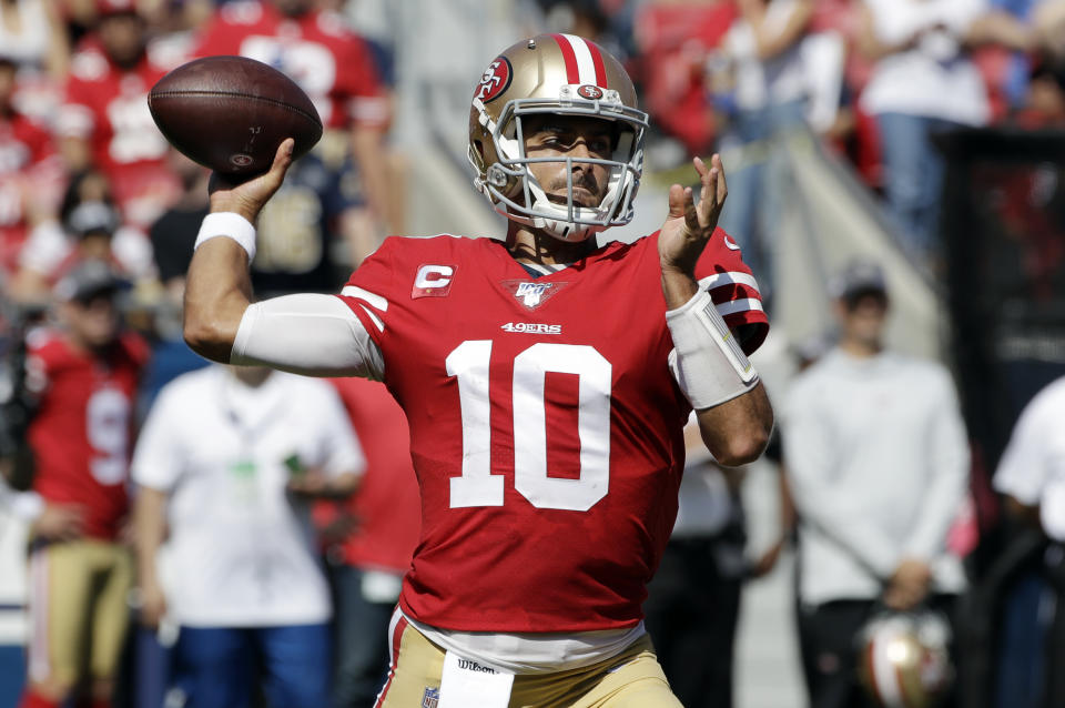 San Francisco 49ers quarterback Jimmy Garoppolo throws against the Los Angeles Rams during the first half of an NFL football game Sunday, Oct. 13, 2019, in Los Angeles. (AP Photo/Alex Gallardo)