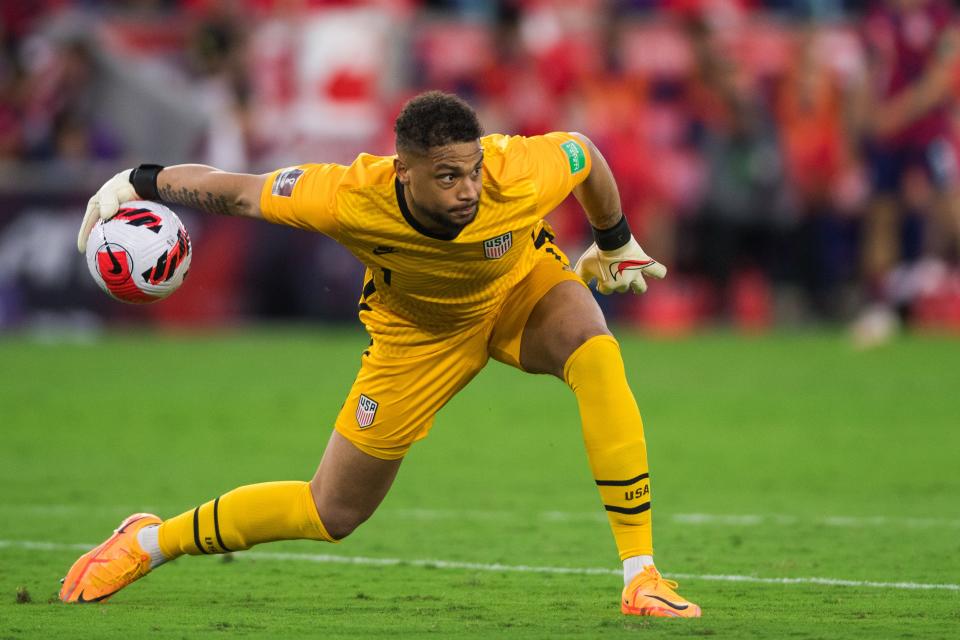 Goalkeeper Zack Steffen passes the ball against Panama during a World Cup qualifier at Exploria Stadium in Orlando, Florida, on March 27, 2022.