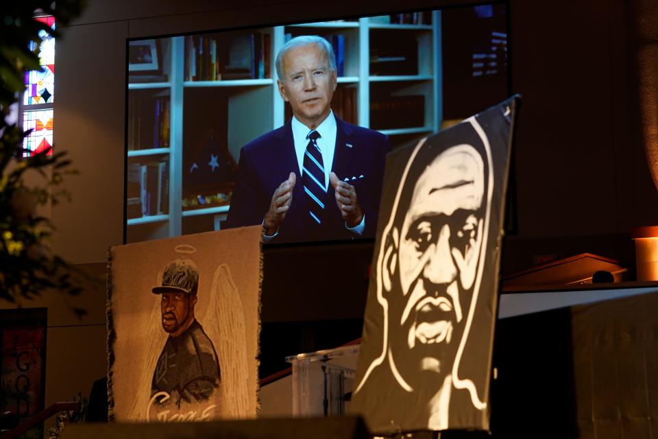 Joe Biden speaks via video link as family and guests attend the funeral service for George Floyd at The Fountain of Praise church  June 9 in Houston.