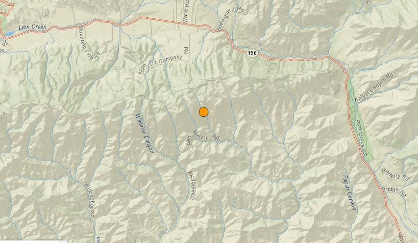 An orange dot shows the site of earthquake roughly 6 miles northwest of Santa Paula on Saturday evening, Feb. 26, 2022. Preliminary estimates measured it around magnitude 4.0.