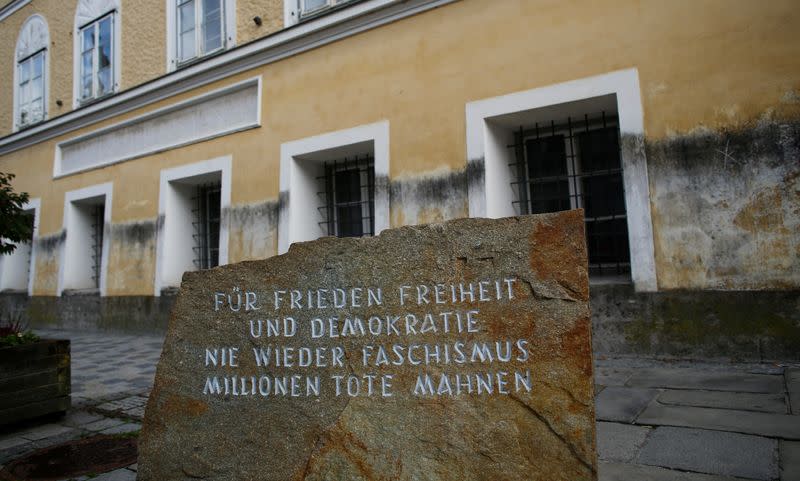 Inscribed stone outside house in which Adolf Hitler was born is pictured in Braunau am Inn