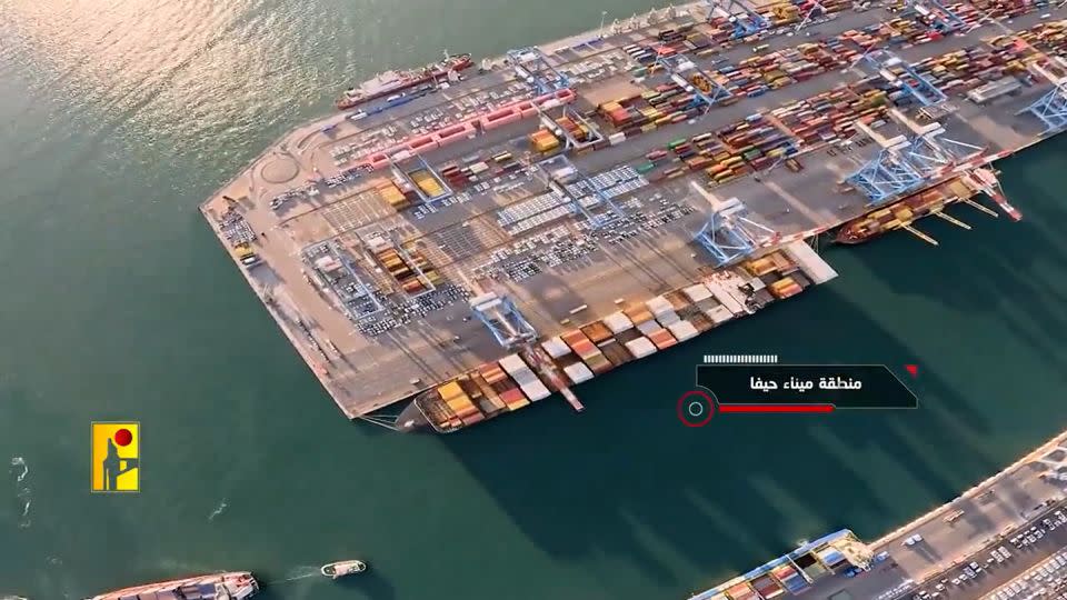 The Haifa Port area is seen in the video released by Hezbollah. - AlMayadeenNews