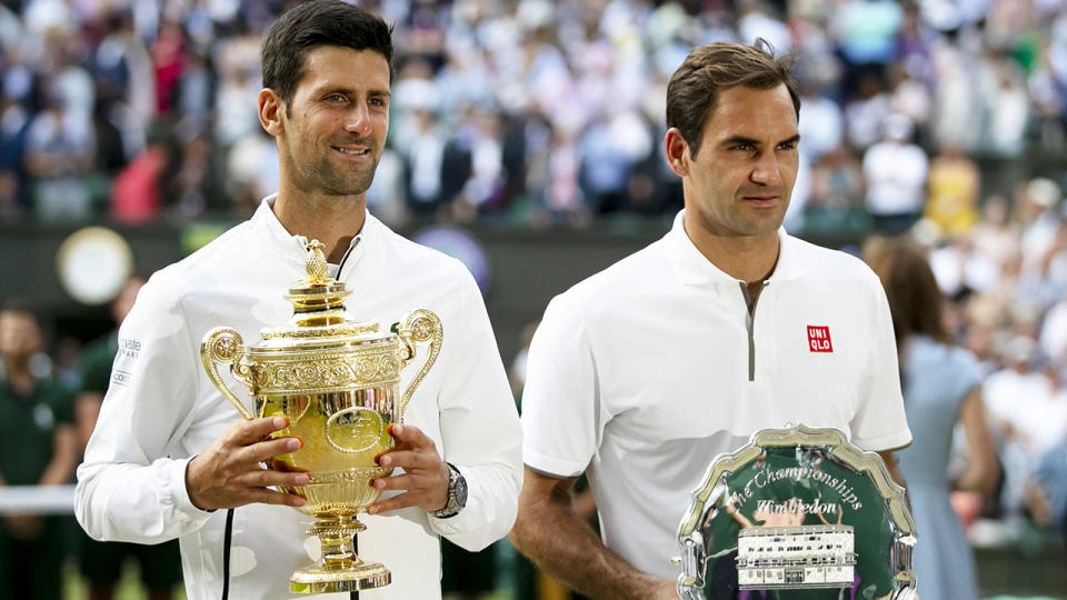 Novak Djokovic edged closer to Roger Federer's record after winning Wimbledon. (Photo by Han Yan/Xinhua via Getty) (Xinhua/Han Yan via Getty Images)