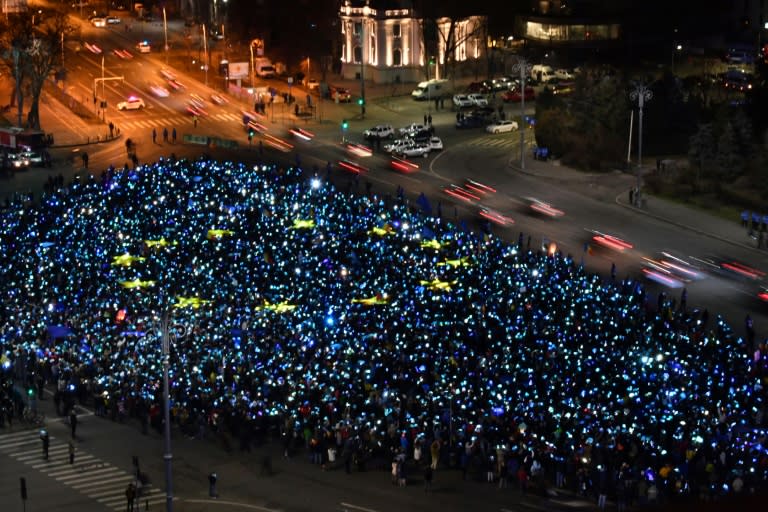 EU flag made out of lights by around 6000 people in front of the Romanian government headquarters in Bucharest. The governing left-wing Social Democrats are expected to try to torpedo their own government on Wednesday after just five months in office