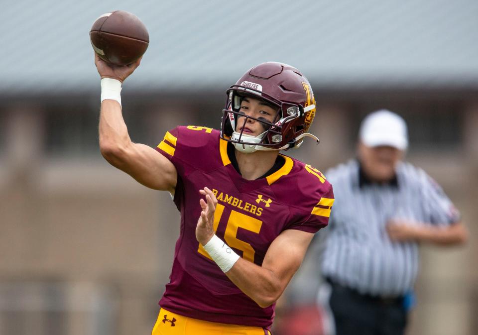 Loyola Academy quarterback Jake Stearney (15) launches a pass against Rochester in the first half at Hoerster Field in Wilmette, Ill., Saturday, September 4, 2021. [Justin L. Fowler/The State Journal-Register] 