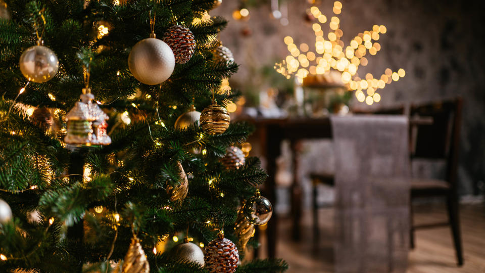 A decorated Christmas tree up close