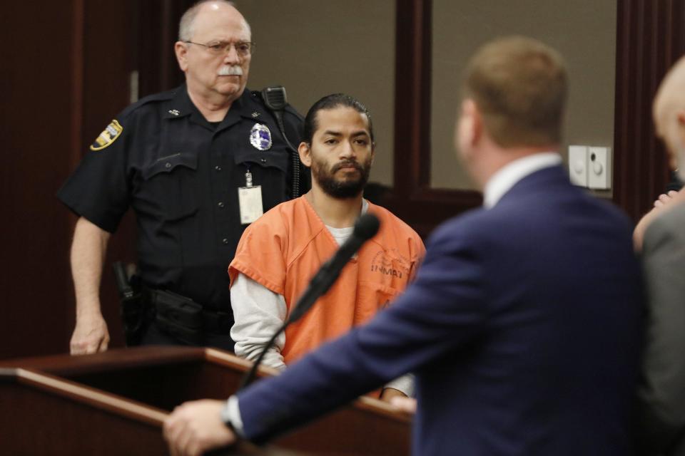 Mario Fernandez Saldana enters a Duval County courtroom for his arraignment on April 4 in the death of his wife's ex-husband, Jared Bridegan, in Jacksonville Beach.