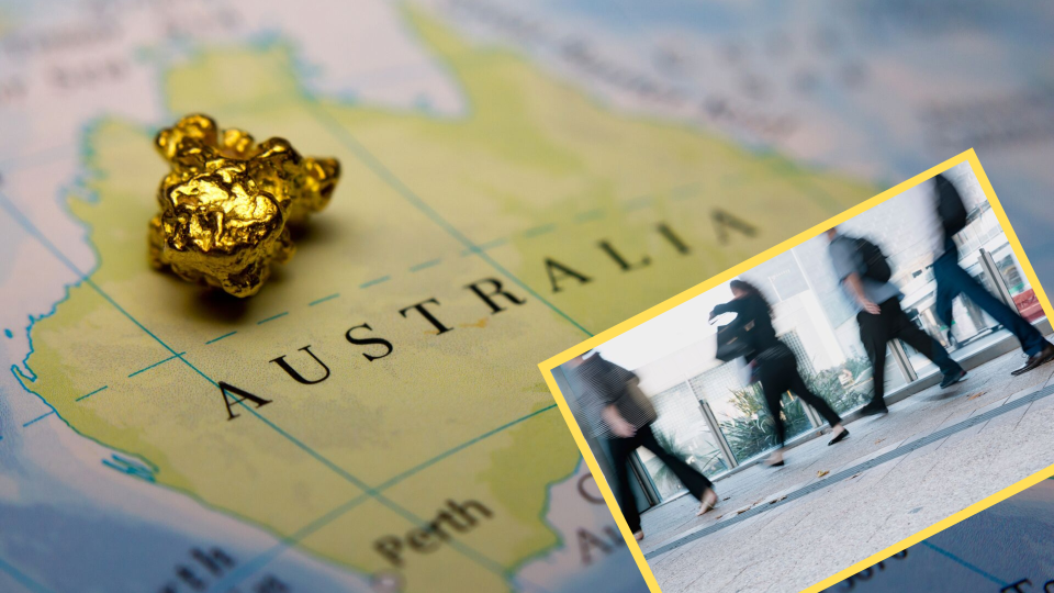 Pictured: Australian map with gold nugget suggesting salary, Australian workers walking. Images: Getty