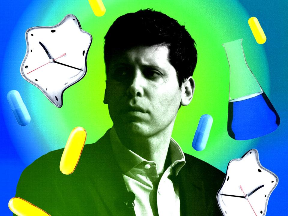 Photo illustration of Sam Altman collaged with clocks, pills, and beakers.