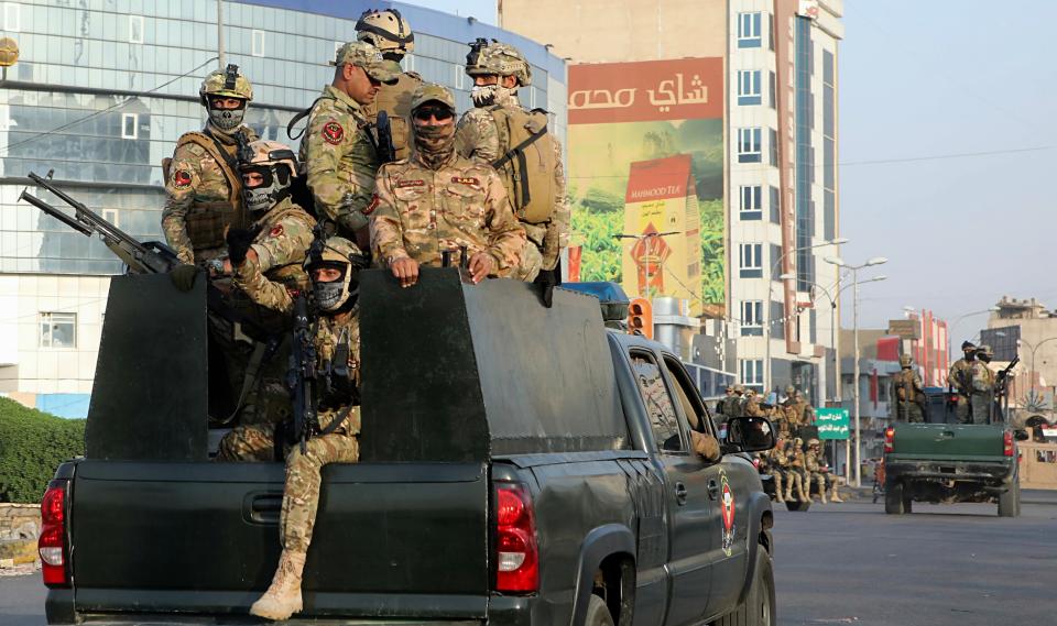 Security forces patrol in Basra, Iraq, 340 miles (550 kilometers) southeast of Baghdad, Saturday, Sept. 8, 2018. Iraqi security forces deployed on the streets of Basra on Saturday, a day after protesters in the southern city stormed the Iranian consulate and torched government buildings in violence that rocked the oil-exporting Shiite heartland and sparked alarm across a conflict-weary country. (AP Photo/Nabil al-Jurani)