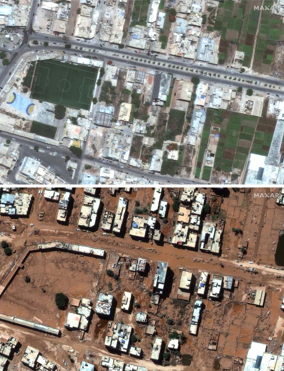 Esta combinación de imágenes satelitales de Maxar Technologies muestra, en la parte superior, un vecindario de Derna, Libia, el 1 de julio de 2023, y en la parte inferior la misma zona el miércoles 13 de septiembre de 2023, luego de ser devastada por una inundación. (Imagen satelital ©2023 Maxar Technologies vía AP)