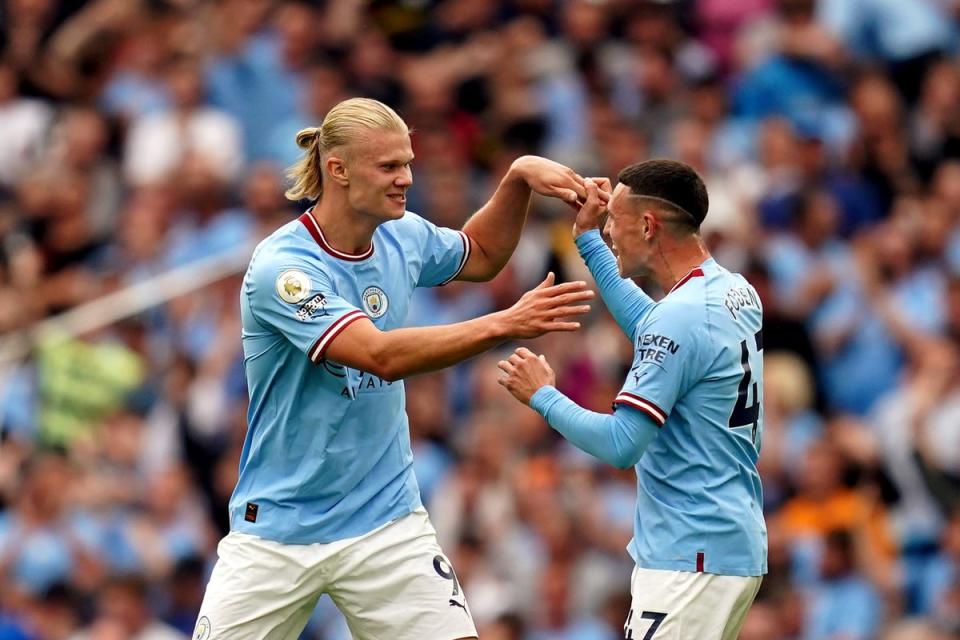 Erling Haaland and Phil Foden (right) both plundered hat-tricks in Manchester City’s 6-3 derby victory over Manchester United (Nick Potts/PA) (PA Wire)