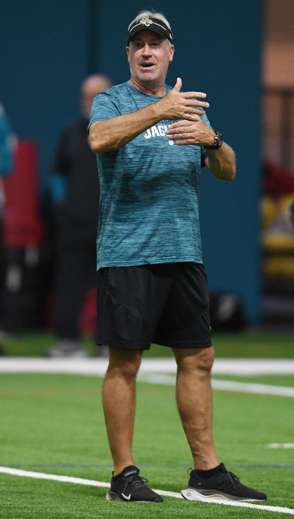 Jacksonville Jaguars Head Coach Doug Pederson on the field during the May 10 rookie minicamp session. The Jacksonville Jaguars held their first day of rookie minicamp inside the covered field at the Jaguars performance facility in Jacksonville, Fla.