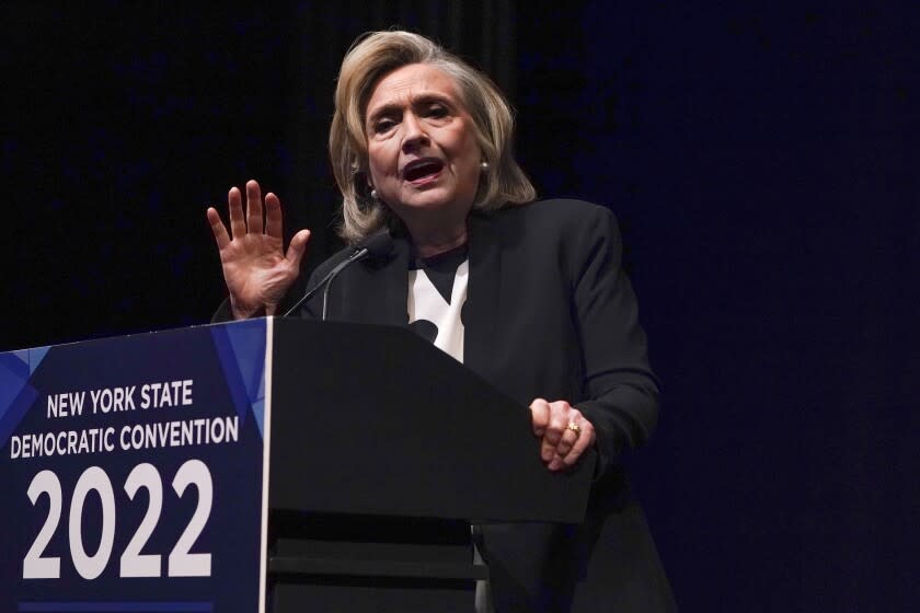 FILE -Hillary Rodham Clinton speaks during the New York State Democratic Convention in New York, Thursday, Feb. 17, 2022. Hillary Clinton's 2016 presidential campaign and the Democratic National Committee have agreed to pay $113,000 to settle a Federal Election Commission investigation into whether they violated campaign finance law by misreporting spending on research that eventually became the infamous Steele dossier. (AP Photo/Seth Wenig, File)