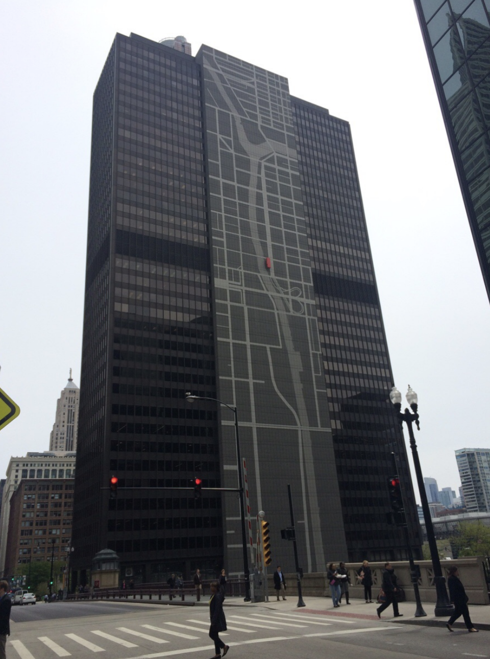 a map of Chicago on a skyscraper