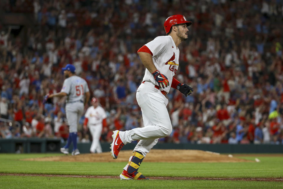 St. Louis Cardinals' Nolan Arenado runs the bases after hitting a solo home run off Chicago Cubs relief pitcher Anderson Espinoza (51) during the seventh inning of a baseball game Tuesday, Aug. 2, 2022, in St. Louis. (AP Photo / Scott Kane)