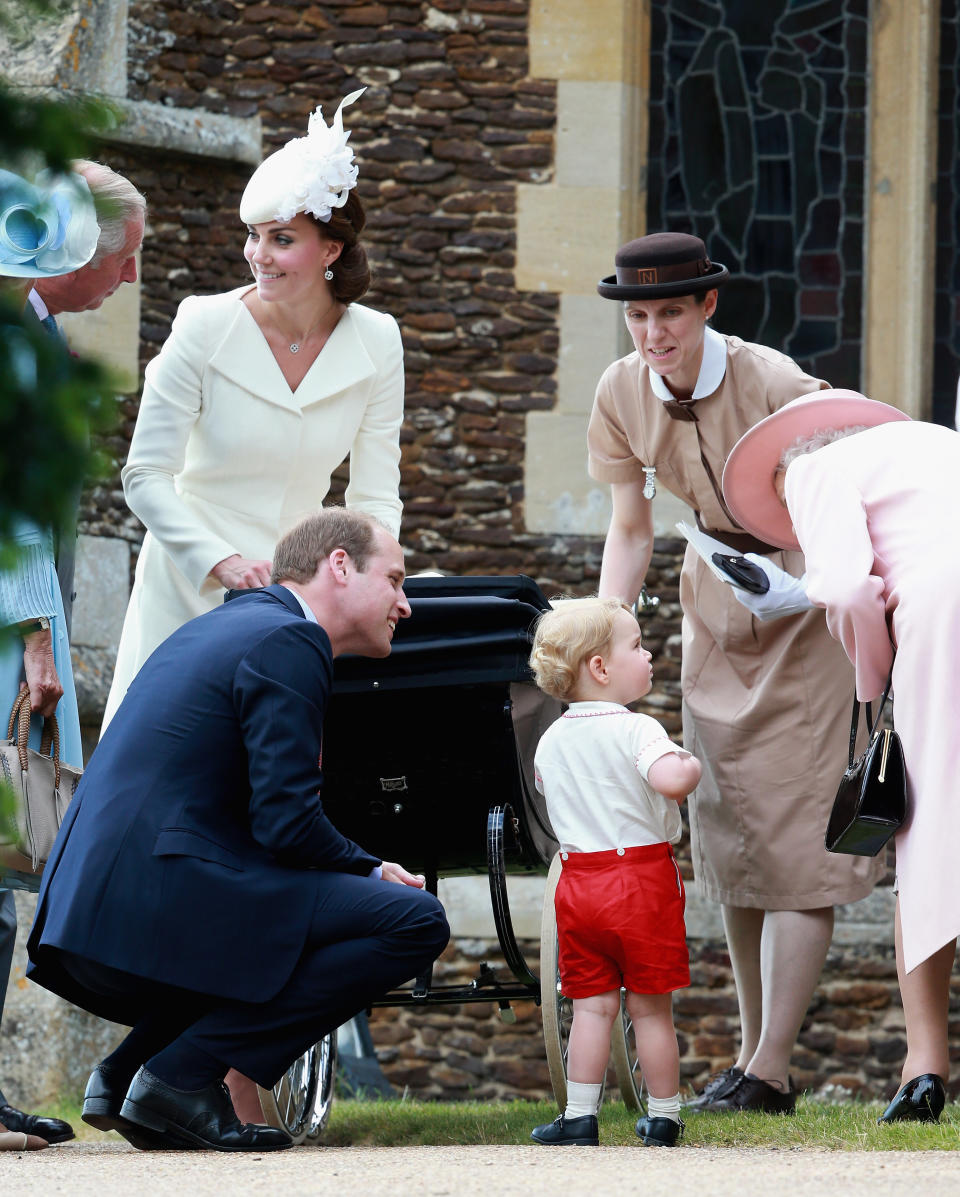 KING'S LYNN, ENGLAND - JULY 05:  Catherine, Duchess of Cambridge, Prince William, Duke of Cambridge, Princess Charlotte of Cambridge and Prince George of Cambridge, Queen Elizabeth II and Prince George's nanny, Maria Teresa Turrion Borrallo leave the Church of St Mary Magdalene on the Sandringham Estate for the Christening of Princess Charlotte of Cambridge on July 5, 2015 in King's Lynn, England.  (Photo by Chris Jackson/Getty Images)