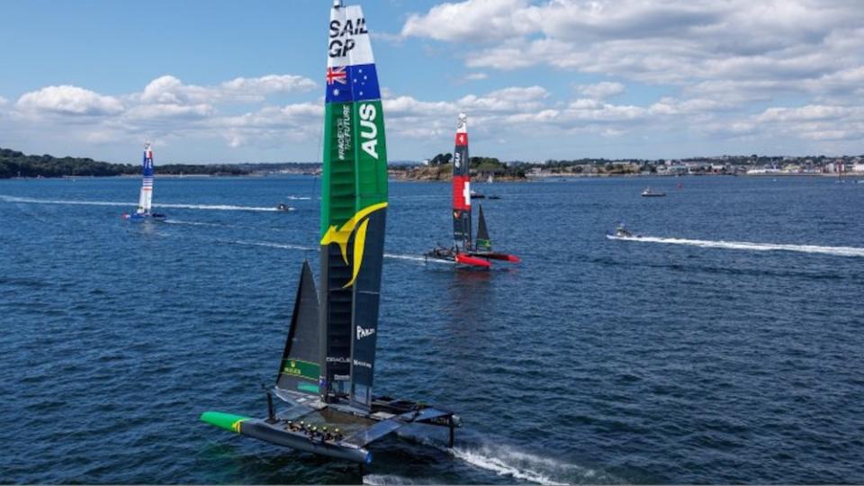 Pre-race practicing in Plymouth Sound, where hometown favorite Great Britain hopes to upset series leader Australia. - Credit: Courtesy SailGP
