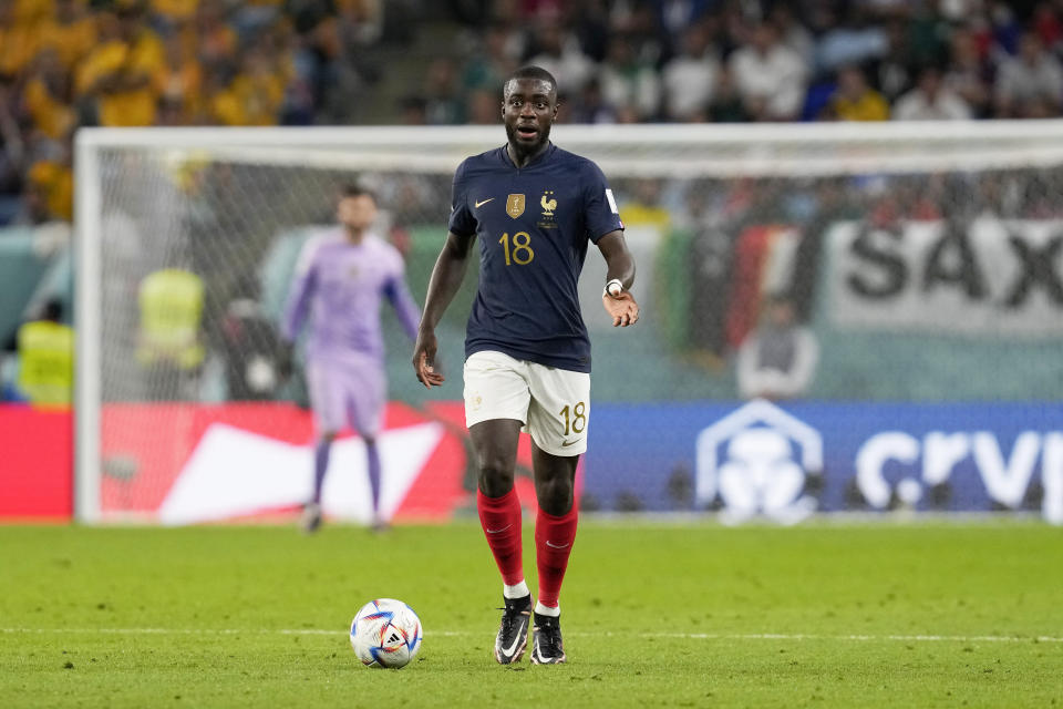 France's Youssouf Fofana controls the ball during the World Cup group D soccer match between France and Australia, at the Al Janoub Stadium in Al Wakrah, Qatar, Tuesday, Nov. 22, 2022. (AP Photo/Thanassis Stavrakis)