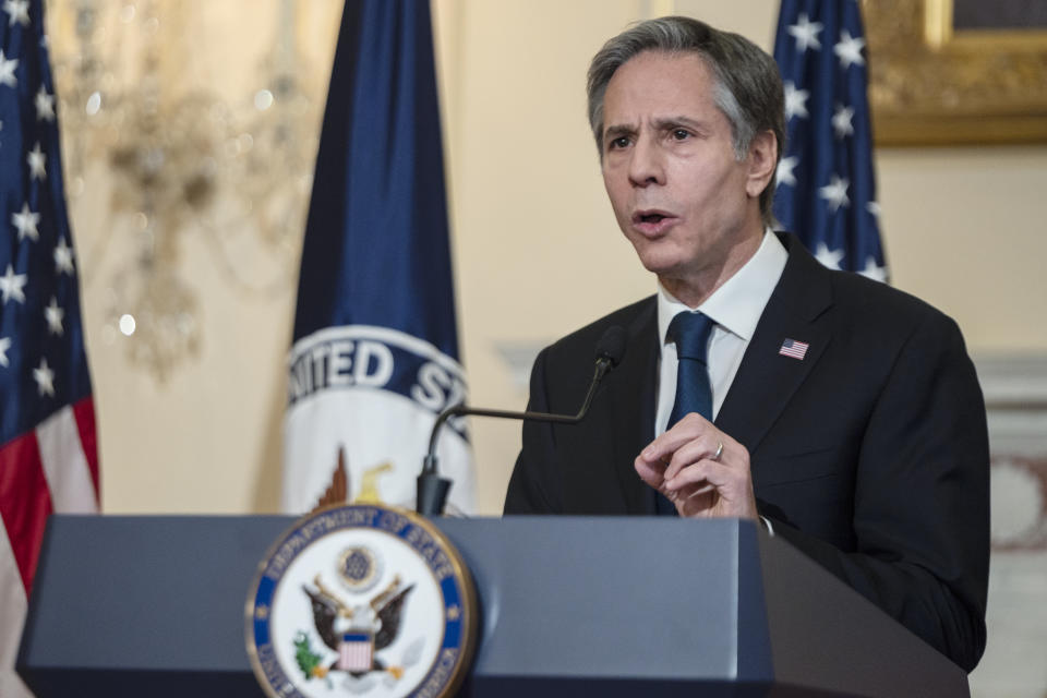 Secretary of State Antony Blinken speaks on foreign policy at the State Department, Wednesday, March 3, 2021 in Washington. (Andrew Caballero-Reynolds/Pool via AP)