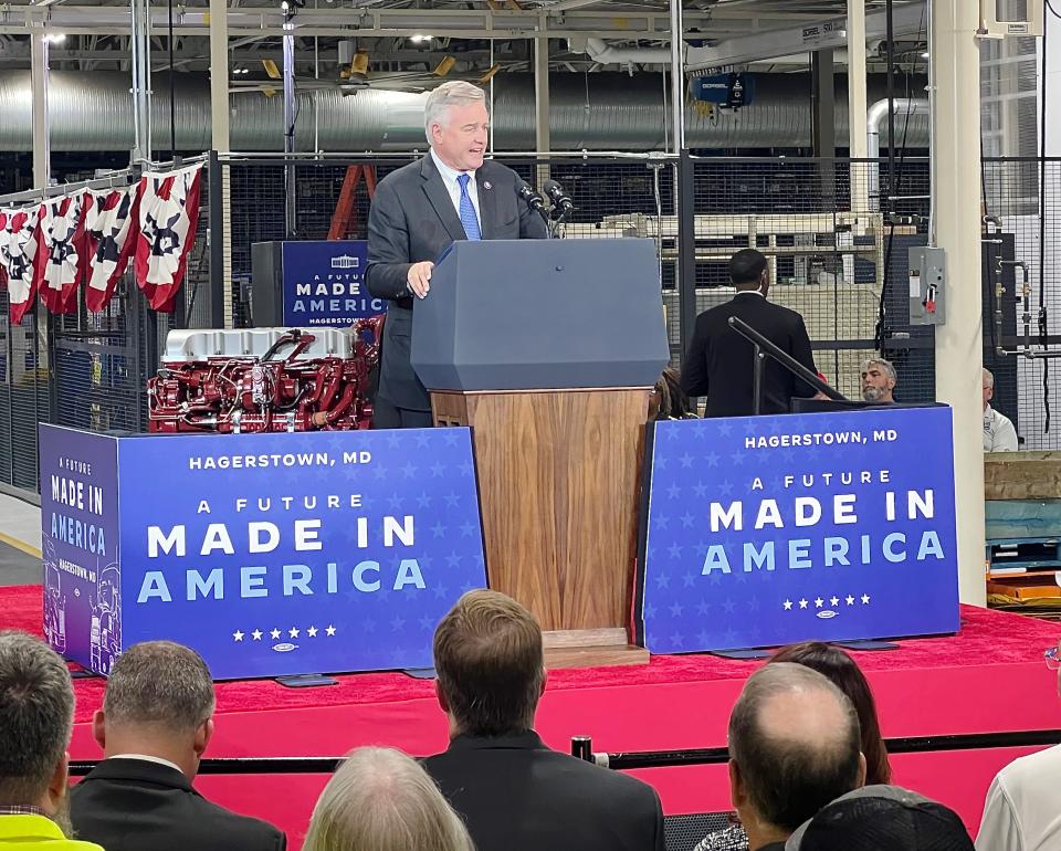 U.S. Rep. David Trone, D-6th, speaks during a visit Friday to the Volvo Group Trucks Powertrain facility in Hagerstown.