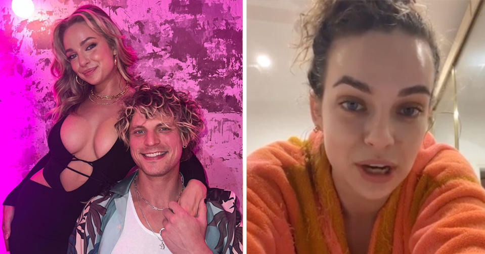 L: Abbie Chatfield and Konrad Bień-Stephen in front of a pink backdrop. R: Selfie of Abbie Chatfield talking to her followers