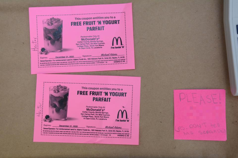 A redacted crime scene photo of Manley's classroom items provided by investigators shows a pair of coupons for a free McDonald's fruit and yogurt parfait with the name "Hector" written on the side, and a post-it note that reads "PLEASE! (P.S. DON'T tell Ms. Sepanski). Manley was known for giving out prizes and coupons to his favorite students and the investigation shows he frequently urged them to keep secrets from other adults.