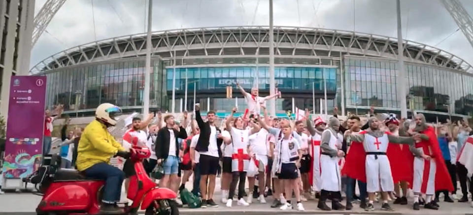 Covid restrictions at the time meant 25,000 of Wembley's 90,000 seats were left empty, so several fans tried to force their way in. (Netflix)