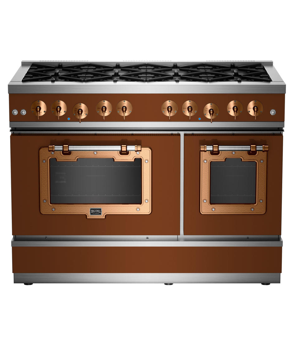 This photo rendering shows Big Chills range in a brown tone. Ready to make more of a commitment to the brown trend? Then consider Big Chill's fridge, range or dishwasher in Fawn Brown or Ocher Brown, with copper trim. (Big Chill via AP)