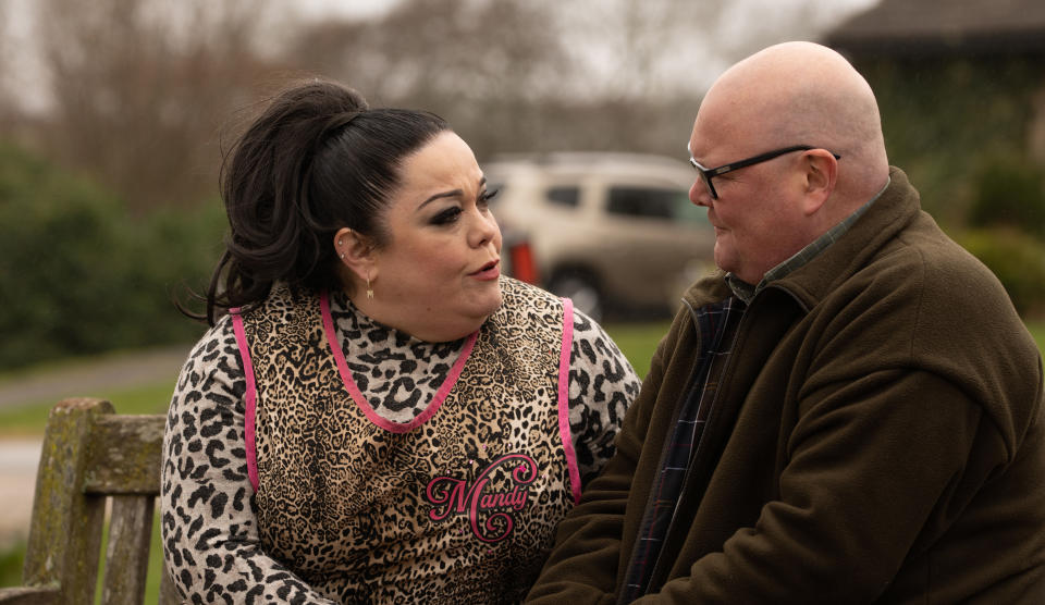 FROM ITV

STRICT EMBARGO
Print media - No Use Before Tuesday 28th March 2023
Online Media - No Use Before 0700hrs Tuesday 28th March 2023

Emmerdale - Ep 9651.52

Thursday 13th April 2023

Trying not to show her true feelings, Mandy Dingle [LISA RILEY] encourages Paddy Kirk [DOMINIC BRUNT] to pursue what makes him happy.

Picture contact - David.crook@itv.com

Photographer - Mark Bruce

This photograph is (C) ITV and can only be reproduced for editorial purposes directly in connection with the programme or event mentioned above, or ITV plc. This photograph must not be manipulated [excluding basic cropping] in a manner which alters the visual appearance of the person photographed deemed detrimental or inappropriate by ITV plc Picture Desk. This photograph must not be syndicated to any other company, publication or website, or permanently archived, without the express written permission of ITV Picture Desk. Full Terms and conditions are available on the website www.itv.com/presscentre/itvpictures/terms
