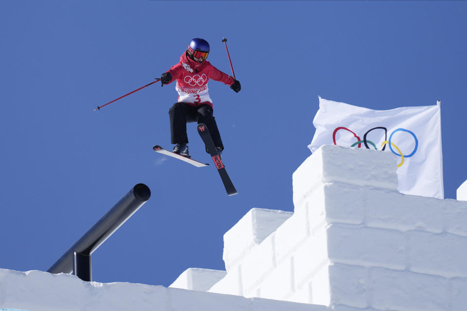 China's Eileen Gu competes during the women's slopestyle qualification at the 2022 Winter Olympics, Monday, Feb. 14, 2022, in Zhangjiakou, China. (AP Photo/Lee Jin-man)