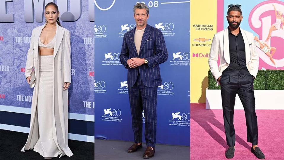 Jennifer Lopez at the Mother premiere; Patrick Dempsey at this year’s Ferrari premiere in Venice; Kingsley Ben-Adir in pieces from the 2023 eveningwear collection at the Barbie premiere July 9 in Los Angeles.