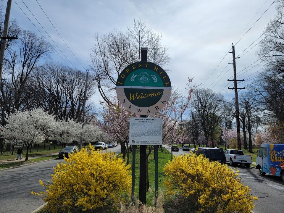 A circular green and tan sign that reads "Forest Hill, Newark" and "Welcome" in the center, and a plaque with a historical paragraph underneath, stands in the grassy meridian of a road with blossoming trees on either side.