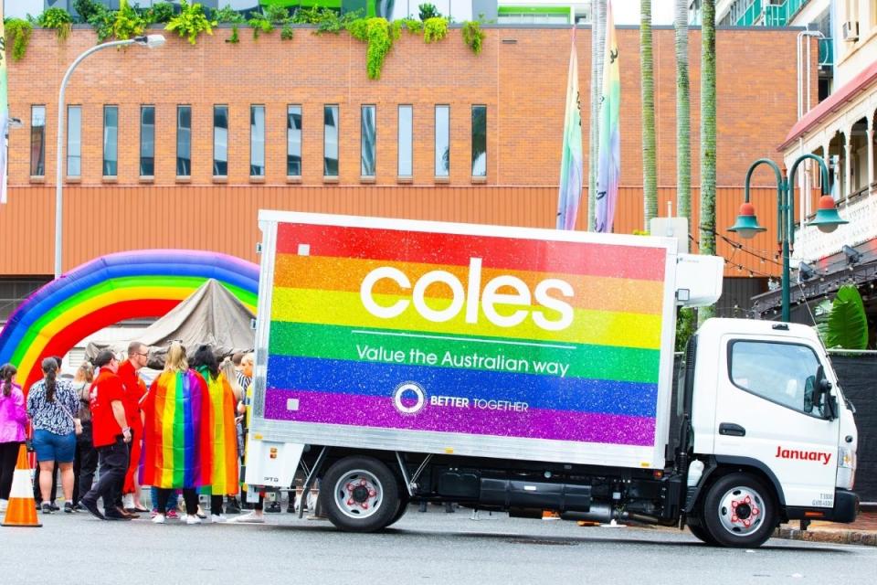Coles delivery truck with Pride rainbow flag