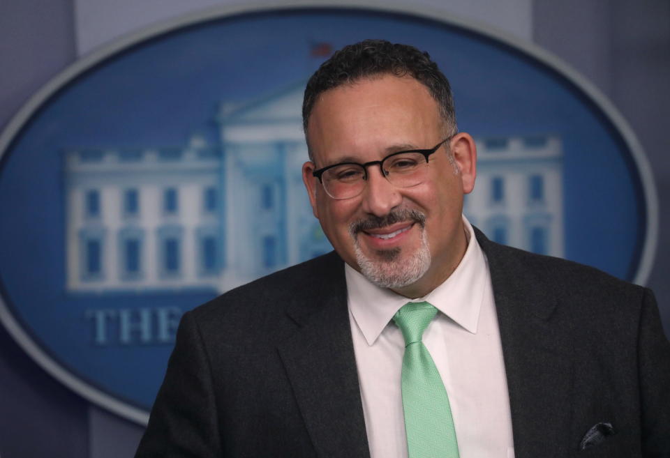 U.S. Secretary of Education Miguel Cardona takes part in a briefing at the White House in Washington, U.S., March 17, 2021. REUTERS/Leah Millis