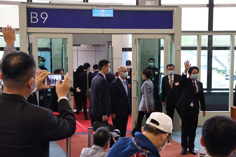 Taiwan Vice President William Lai speaks to the media at Taiwan Taoyuan International Airport, before leaving for Honduras to attend the inauguration ceremony of the new president, in Taoyuan