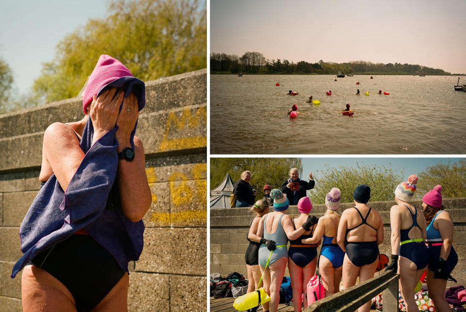 The Blue Tits get into the River Deben for a swim in Woodbridge, Suffolk on April 19, 2023.  (Alice Zoo for NBC News)