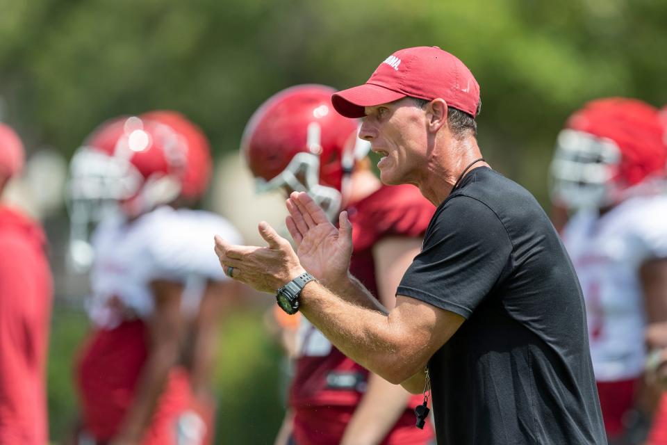 OU football coach Brent Venables watches his team go through drills Wednesday in Norman.