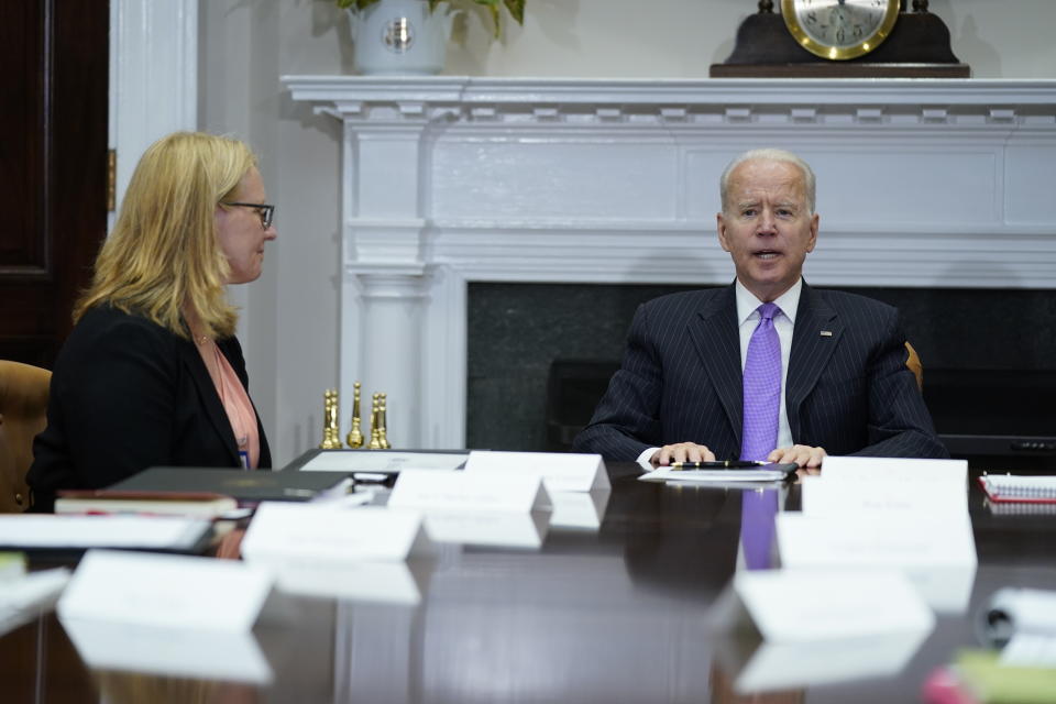 President Joe Biden speaks during a meeting with FEMA Administrator Deanne Criswell, left, and Homeland Security Adviser and Deputy National Security Adviser Elizabeth Sherwood-Randall, in the Roosevelt Room of the White House, Tuesday, June 22, 2021, in Washington. (AP Photo/Evan Vucci)