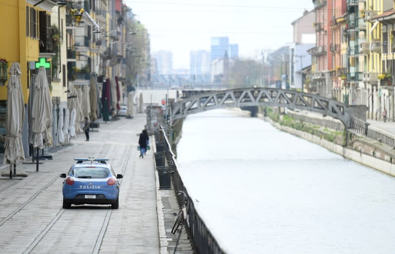 FILE PHOTO: An Italian police car patrols during a lockdown against the spread of coronavirus disease (COVID-19) in Milan